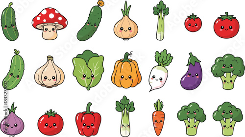 Cute kawaii vegetables and fruits collection with smiling faces including broccoli tomato cucumber carrot pumpkin eggplant garlic and leafy greens illustration set