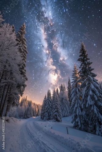 Dramatic wintry scene with snowy trees and milky way in night sky. 