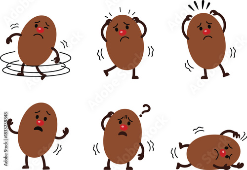 Cute sick cartoon character set showing dizziness, confusion, headache, weakness, nausea, and unwell symptoms, expressive emotional illustrations for health concepts
