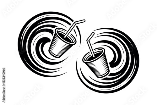 Two stylized cups with straws surrounded by swirling black shapes