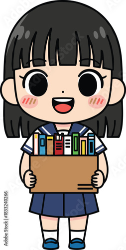 Cute schoolgirl holding box of books, kawaii student character illustration, education concept design, adorable child cartoon artwork for learning