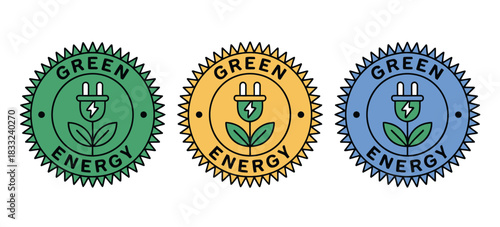 Three circular badges representing green energy, featuring a plant with an electrical plug symbolizing sustainability and environmental friendliness.