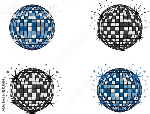 Disco ball illustration set with sparkling light effects, mirror ball designs for party, dance, nightclub, celebration, retro music and event decorations