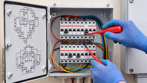 Fotografía electrician testing electrical panel, Repairing the system, Following safety rul