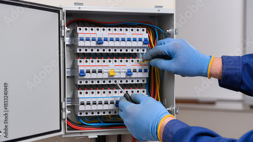 electrician at work, Expert performs maintenance work, Technician wears safety gloves, Electrician fixes panel, Maintenance in progress, Expert works carefully, Professional repair job, 