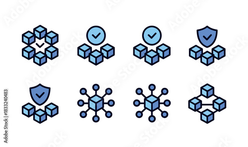A collection of abstract icons representing network connections, security, and data blocks, used for technology concepts.