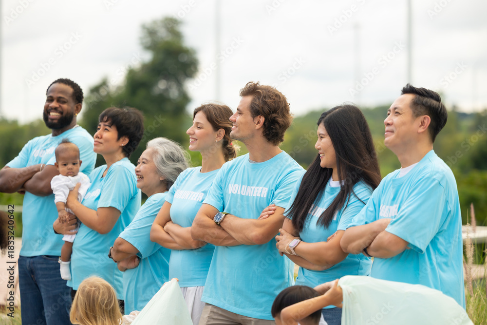 Fototapeta premium Teamwork meeting, volunteer charity people. charity community service event, ngo business and outreach, Group Diverse people meeting at park for donation