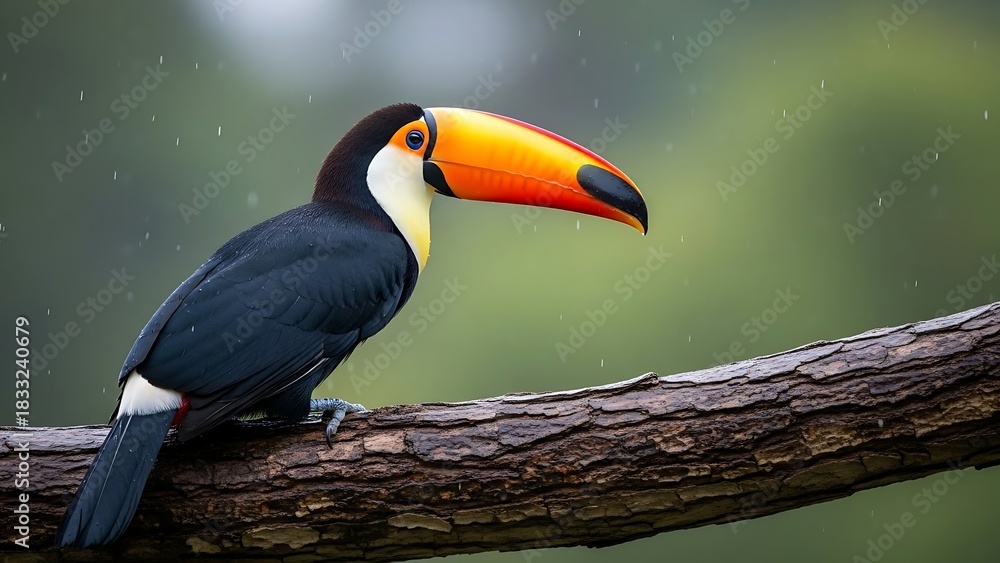 Fototapeta premium Striking Toucan Perched on Branch in Lush Greenery.