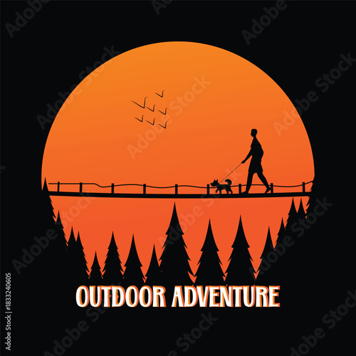 Silhouette of person walking dog on bridge during sunset adventure transparent background.png