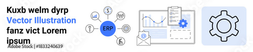 ERP system diagram with related icons, gear for settings, and charts showing data analytics trends. Ideal for business, efficiency, process, analytics, software, system simple landing page