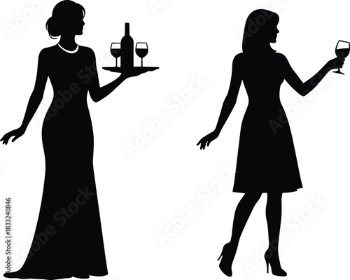 Elegant women silhouettes holding wine glasses, party waitress serving drinks, classy female figures, celebration event illustration, stylish drink scene