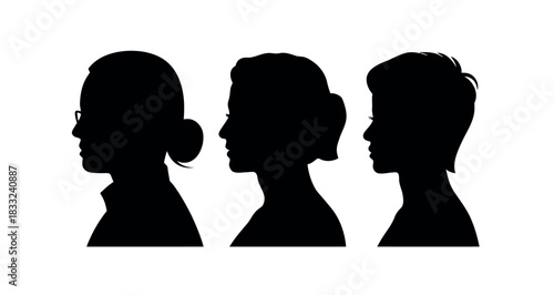 Three diverse silhouettes of individuals with different hairstyles and one wearing glasses are shown in profile against a white background, representing distinct identities.