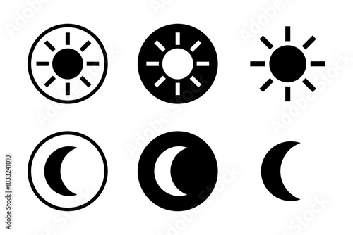 Light Day and Dark Night Mode Sun and Crescent Moon Symbol Round Circle Interface Control Button Sign Icon Set. Vector Image.