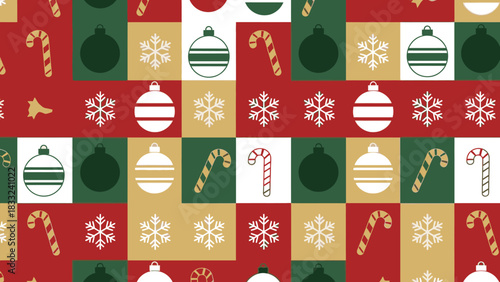 Festive repeating pattern featuring Christmas ornaments, candy canes, and snowflakes.