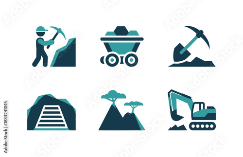 A collection of stylized icons representing mining and excavation activities, depicting tools, vehicles, and geological formations.
