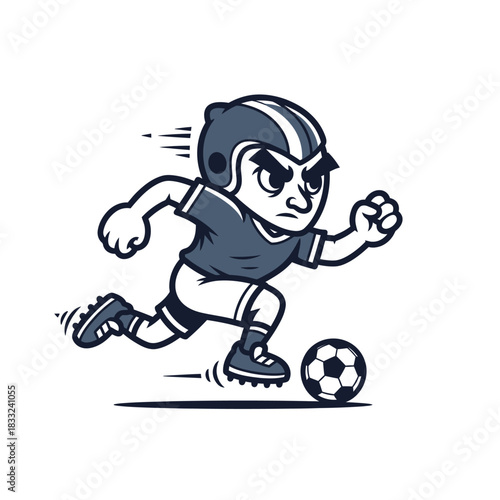 A retro cartoon mascot of a determined boy in a helmet running with a soccer ball.