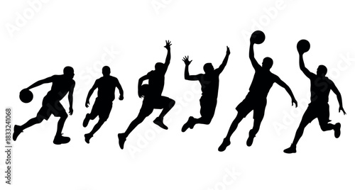 Silhouettes of basketball players in various dynamic poses, dribbling, jumping, and shooting the ball on a white background.