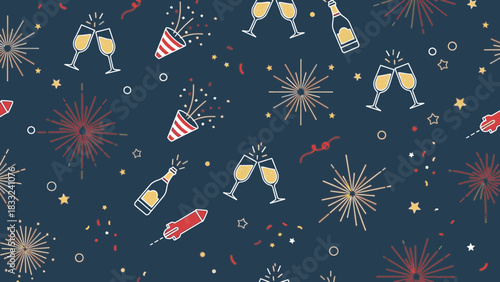 Festive pattern of champagne glasses toasting, party poppers, fireworks, and champagne bottles on a dark blue background.