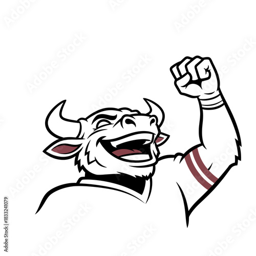 Cartoon bull mascot with a triumphant expression raising a fist in celebration, wearing a sports jersey.
