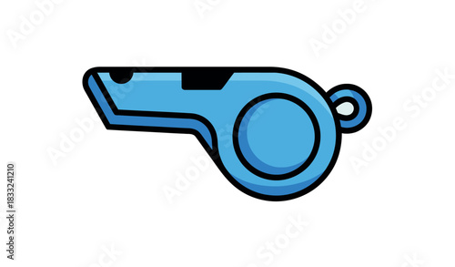 A bright blue whistle with a black mouthpiece is depicted on a white background, symbolizing authority or sports.