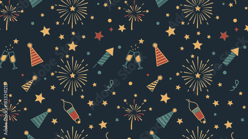 Festive pattern featuring fireworks, champagne glasses, party hats, and stars.