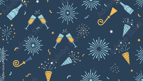 Festive celebratory pattern featuring champagne, fireworks, confetti, and party horns.