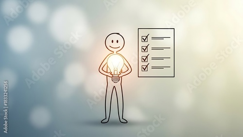Stick Figure with Light Bulb and Checklist - Idea Generation.