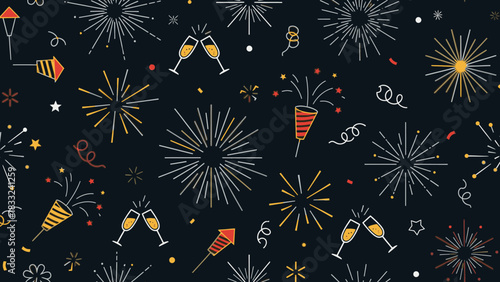 Festive New Year's Eve pattern featuring fireworks, champagne flutes, and party poppers on a dark background.