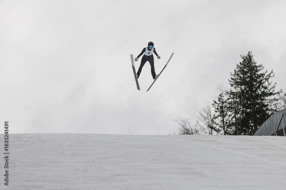 Fototapeta premium A ski jumper soars through the air at a snowy ski jumping site, showcasing skill and balance during the competition.