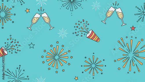 Festive illustration of champagne glasses clinking, confetti, and fireworks.