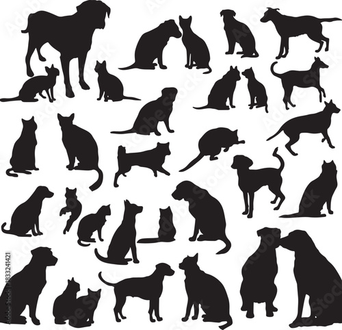 Assortment of Black Silhouettes of Dogs and Cats in Different Poses and Interactions on a White Background Keywords: dog, cat, pet, animal, silhouette, domestic animal, canine, feline, puppy