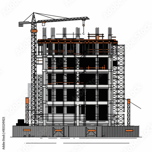 Construction site of a modern building with a crane and scaffolding.