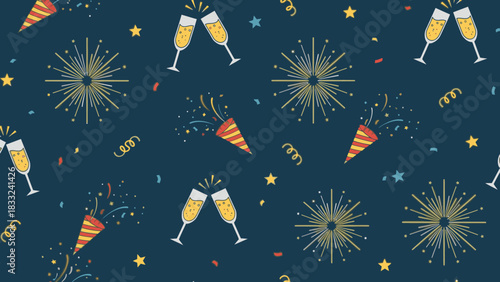 Festive pattern with champagne glasses toasting, party poppers, fireworks, confetti, and stars on a dark blue background.