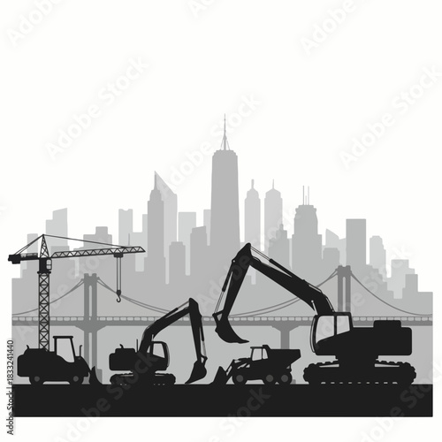 Construction Site Silhouette with Heavy Machinery and Cityscape.