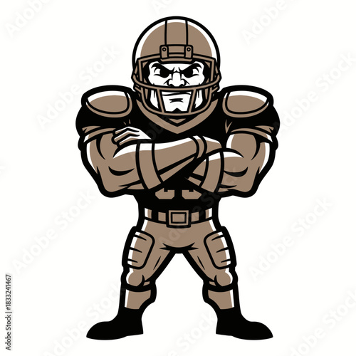 Cartoon illustration of a strong American football player mascot with crossed arms and a determined expression.