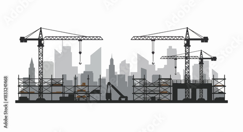 Construction site with cranes and scaffolding building a city skyline.