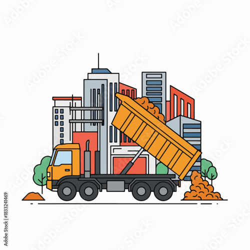 Dump truck unloading construction material near city buildings.
