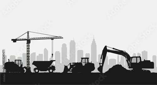 Construction Site with Heavy Machinery and City Skyline Silhouette.