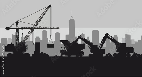 Heavy Construction Equipment Silhouettes on a Building Site.