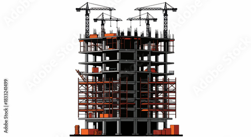 High rise building under construction with tower cranes isolated on white.