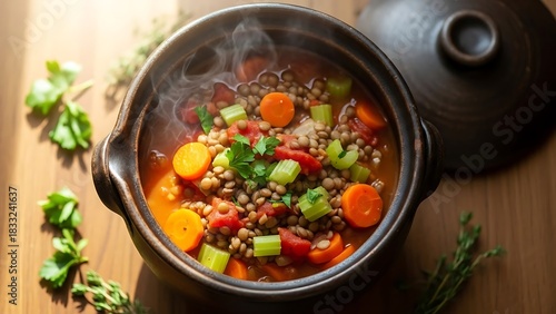 Steaming Pot of Hearty Lentil Soup with Fresh Herbs.