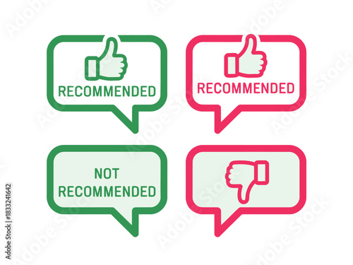 Four speech bubbles display a thumbs up with the word 'recommended' and a thumbs down with the words 'not recommended', representing user feedback and opinions.