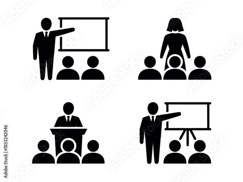 Illustrations depict various scenarios of people attending presentations and lectures, with speakers standing near whiteboards or podiums addressing audiences.