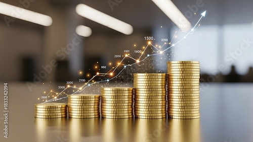 Stacks of Coins with Upward Trend Line Illustrating Financial Growth.