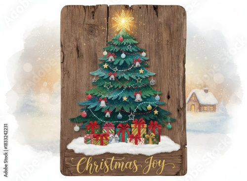 Christmas Joy: A Festive Illustration of a Christmas Tree, Gifts, and a Snowy Winter Scene on a Rustic Wooden Board