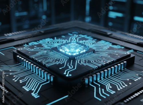 Futuristic Microchip with Glowing Blue Circuits: High-Tech Processor and Advanced Technology