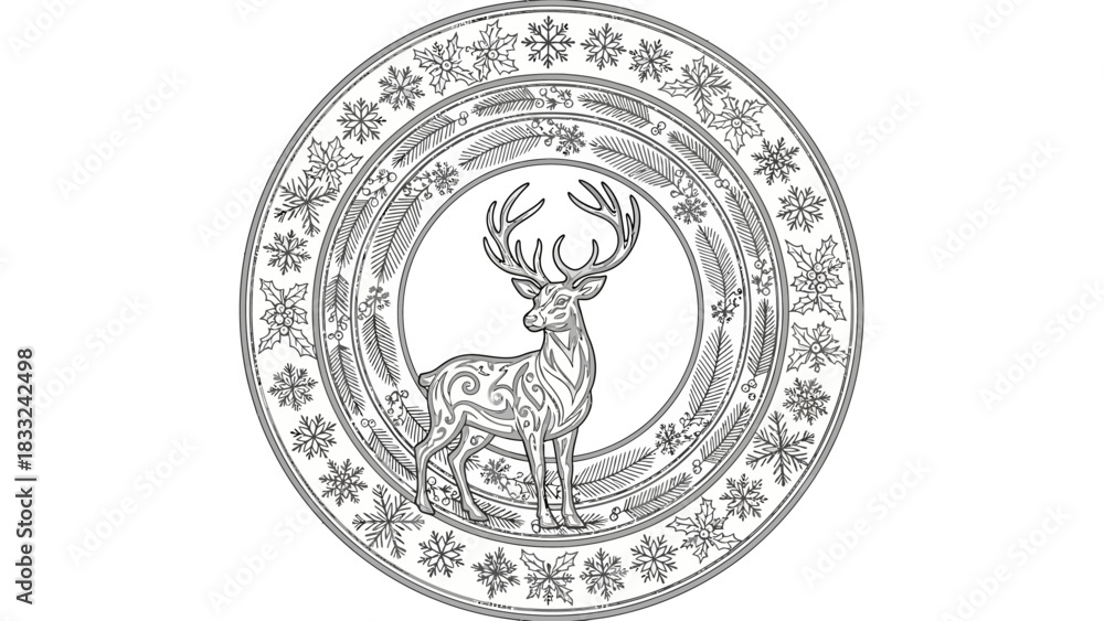 Obraz premium Elegant Christmas deer drawing with snowflakes and evergreen branches, perfect for holiday cards and winter designs, adding a touch of seasonal charm