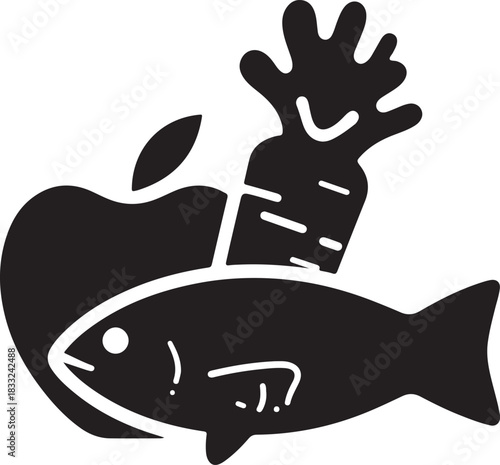 Black Silhouette Icon of Apple Fish and Carrot on White Background food healthy