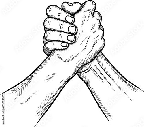 Hand drawn handshake illustration showing unity, support, teamwork and friendship, detailed sketch style clasped hands symbolizing partnership, agreement and cooperation