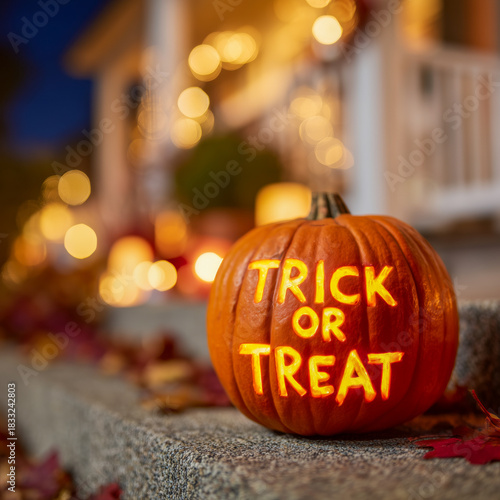 A carved pumpkin with the words 'Trick or Treat' illuminated from within sits on a porch step. The background features warm, out-of-focus lights and autumn leaves.
